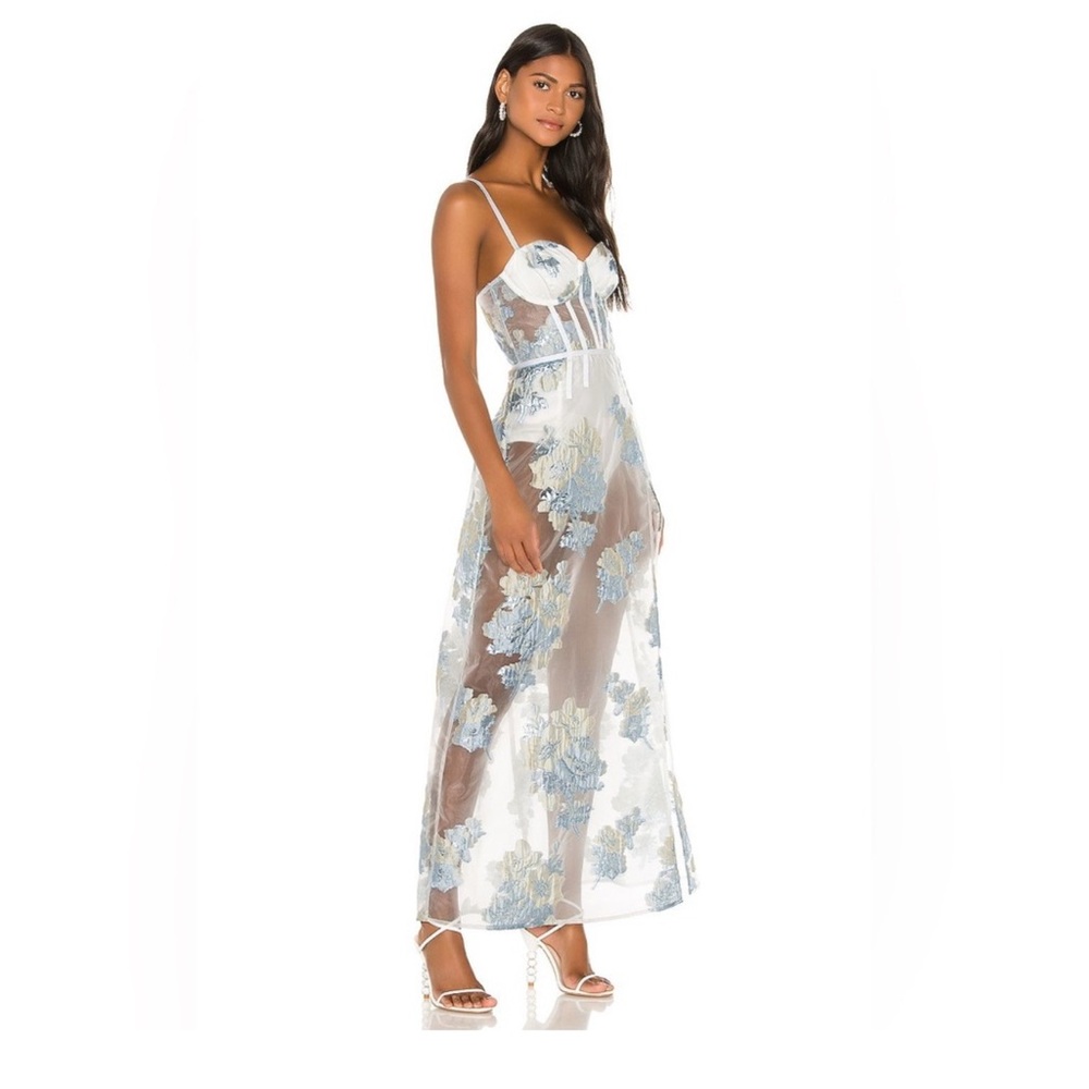 NWT (XL) For Love & Lemons Cody Organza Sheer Maxi Dress, Silver and Blue